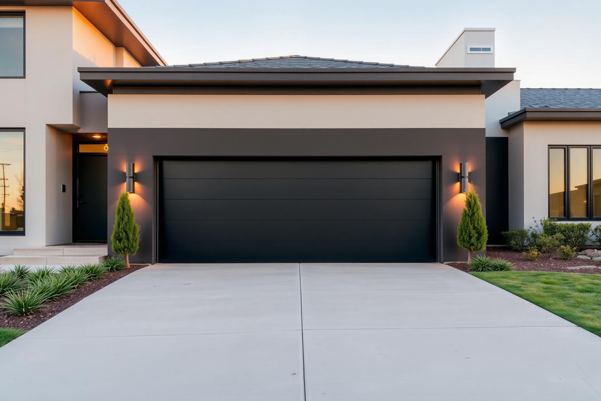 Modern matte-black garage door installed by MW+